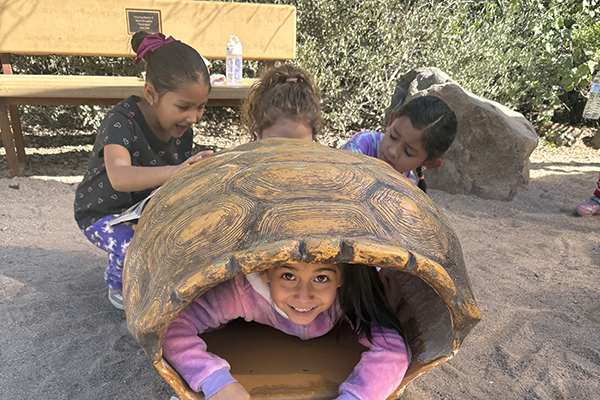 Three girls watch as another girl poses inside a turtle shell
