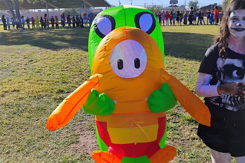 A student dressed in an inflatable costume